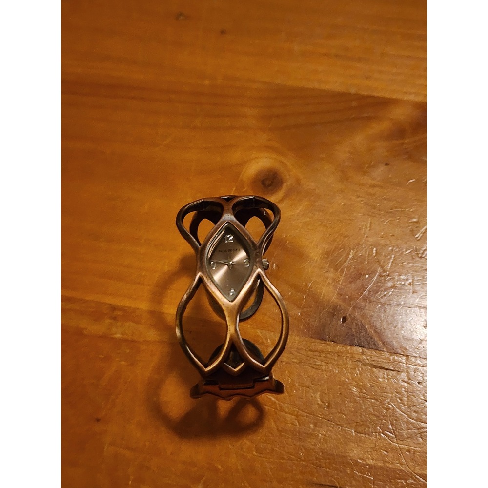 Vintage Narmi Copper Bangle Watch Cutout Filigree Geometric Cuff Y2K Dark Dial